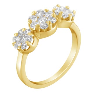 14K Yellow Gold 1-1/4 Cttw Brilliant Cut Diamond Three Round Floral Clusters Engagement or Fashion Ring (H-I Color, SI2-I1 Clarity) - Size 7 For Sale