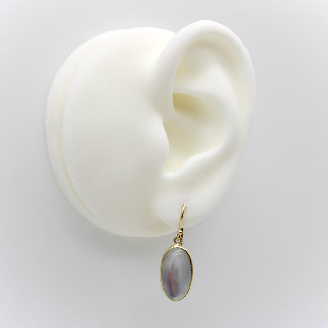 Gold 1900-1909 Pair of Signature 14k Gold Moonstone Cabochon Earrings With Shepherd Hooks For Sale - Image 8 of 9