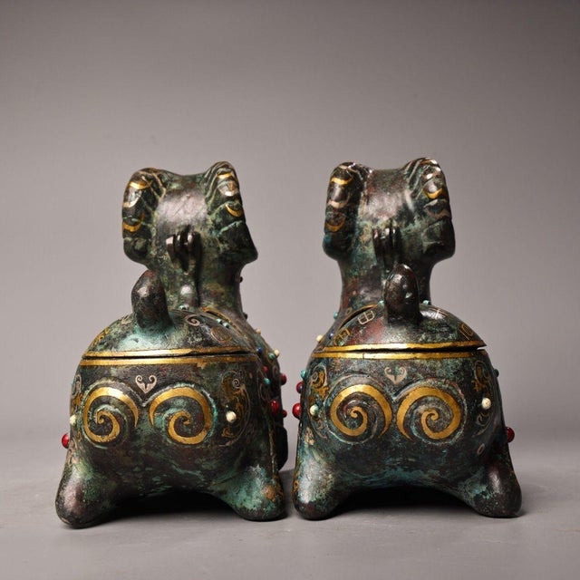 Late 19th Century Pair of Antique Bronze Ram Vessels With Gold and Silver Inlay, 3800g Total For Sale - Image 5 of 10