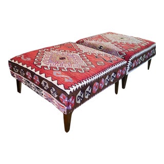 Handcrafted Heritage Kilim Rug Upholstered Footstools - a Pair For Sale