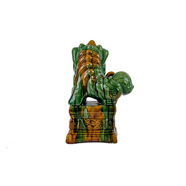 Ceramic Rare Mid-Century Modern Chinese Ceremic Food Dogs in Vibrant Sancai-Style Green & Amber Drip Glaze For Sale - Image 7 of 12