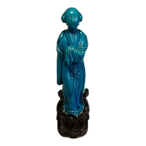 1940s Republic Period Chinese Turquoise Blue Glazed Porcelain Figurine by 鄧榮昌造 Deng RongTzan