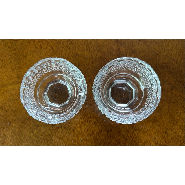 2" wide 1" tall. Pair crystal pedestal salt cellars. No chips or cracks. Very sparkly. I have 2 matching sets available.