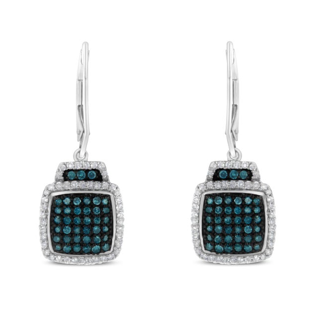 Contemporary Black Rhodium over 925 Sterling Silver Blue and White Diamond Cushion Shaped Dangle Earrings, A Pair For Sale - Image 3 of 7