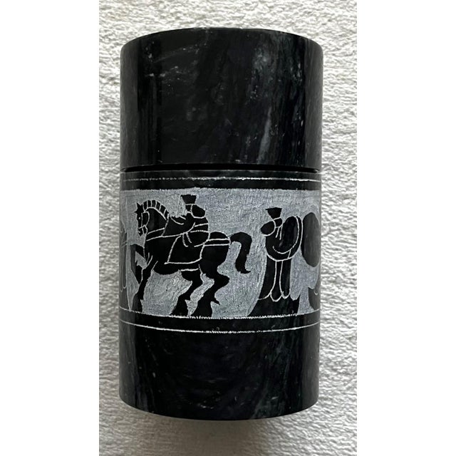 Attractive set of two matching black & white, veined marble pieces with etched wrap-around scenes of horses, chariots, and...