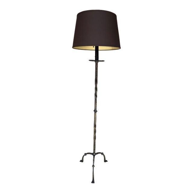 Spanish 1950's Iron Floor Lamp With Twisted Stem With Patinated Finish For Sale