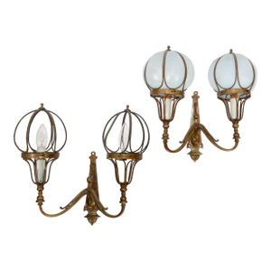 1920s Pair Art Deco French Brass Blown Encased Art Glass Shades Sconces Wall Lamps