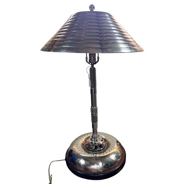 Modern 1980s Chrome Machine Age Art Deco Style Table Lamp W/ Torque Converter Base For Sale - Image 3 of 10
