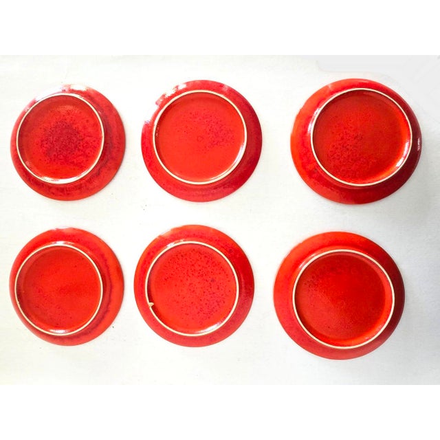 1960s Orange Ceramic Plates With Red Flame Detail by Hertha Bengtson for Thomas Scandic, Set of 6 For Sale - Image 10 of 12