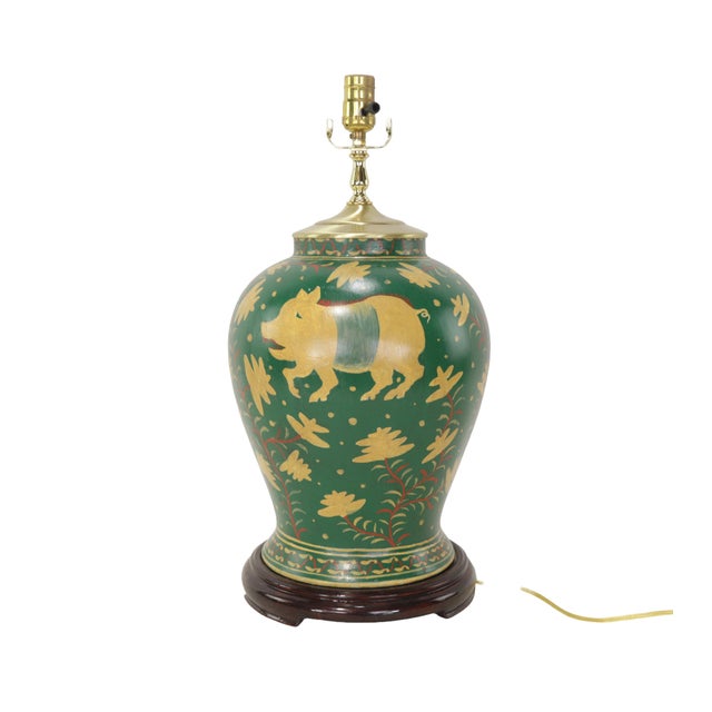 Art Deco Vintage Brunschwig & Fils Hand-Painted Green Ceramic Pig Table Lamps - Pair For Sale - Image 3 of 11