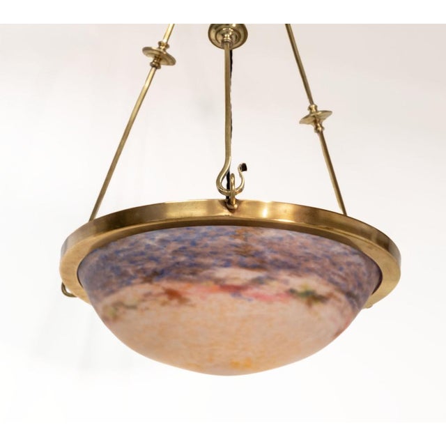 Art Deco Pat-de-Verre plafonnier ceiling light with the original brass suspension by Muller Frères. French. Circa 1925....