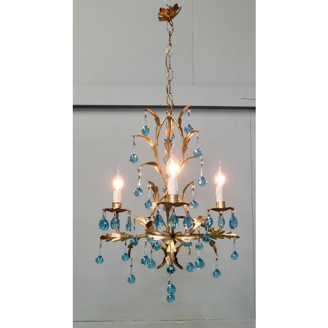 1920s Vintage French Turquoise Crystal and Tolewear Chandelier, 1920 For Sale - Image 5 of 9