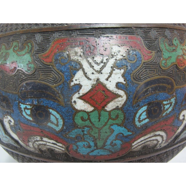 Large Bronze Chinese Antique Champleve Double Elephant Handle Urn Vase For Sale In Portland, OR - Image 6 of 9