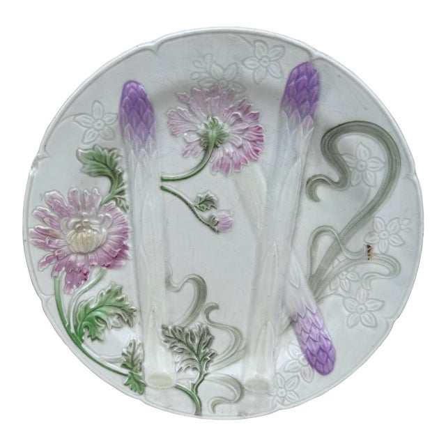Majolica Asparagus Plate With Mums Keller & Guerin Saint Clement For Sale