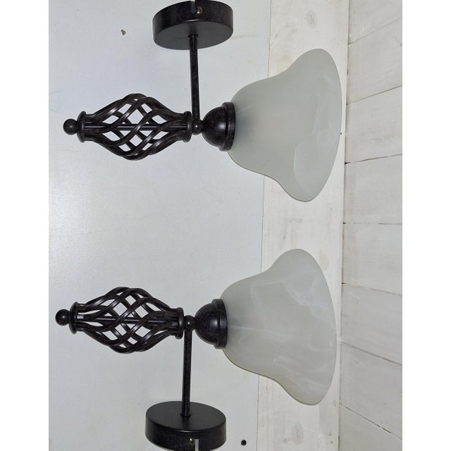 Vintage Wall Lamps with Black Metal Frame and Marbled White Glass Shade by Crestano, 2000s, Set of 2, in Very Good...