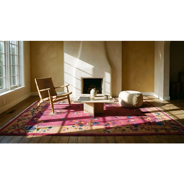 1920s Dark Pink Floral Open Field Antique Chinese Art Deco Rug 6' X 8'8" Handknotted Wool Carpet For Sale - Image 13 of 13