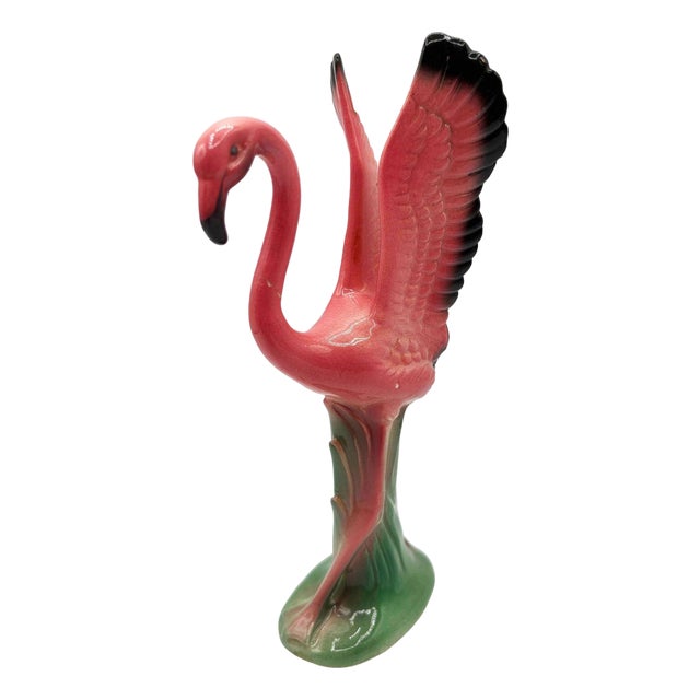 Mid 20th Century Open Wing Pink Flamingo Ceramic Tabletop Statue by Leftons For Sale
