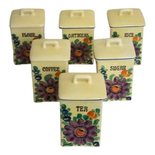 Set of 6 Hand Painted Ceramic Canisters - Czechoslovakia For Sale