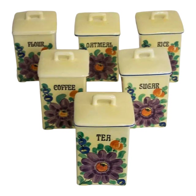 Set of 6 Hand Painted Ceramic Canisters - Czechoslovakia For Sale