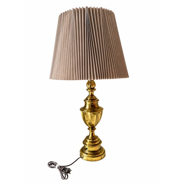 Mid 20th Century Mid 20th Century Stiffel Brass-Tone Fluted Trophy Urn Table Lamp With Pleated Shade For Sale - Image 5 of 10
