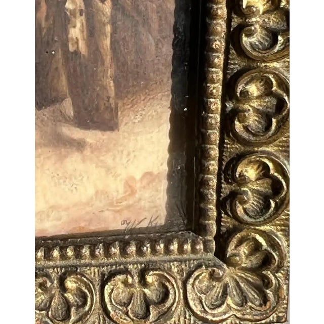 Brass Antique Hand-Painted Original Signed Art of Porcelain Painting With Gilded Florentine Frame From Late 1800s For Sale - Image 8 of 9