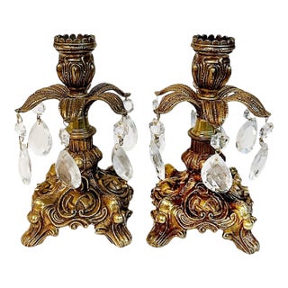 Vintage Brass & Crystal Baroque Hollywood Regency Candlestick Holders - A Pair For Sale