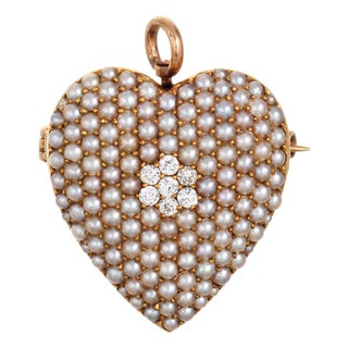 Antique Victorian Pearl Diamond Heart Pendant 14k Rose Gold Krementz Jewelry For Sale