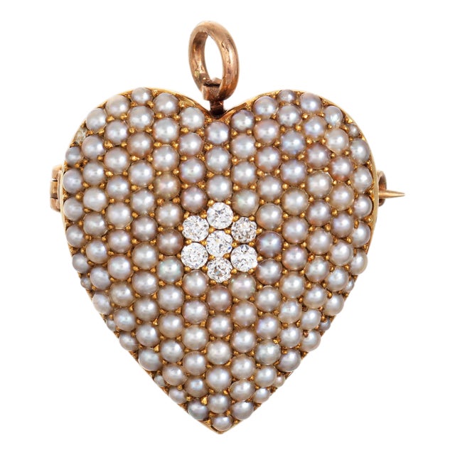 Antique Victorian Pearl Diamond Heart Pendant 14k Rose Gold Krementz Jewelry For Sale