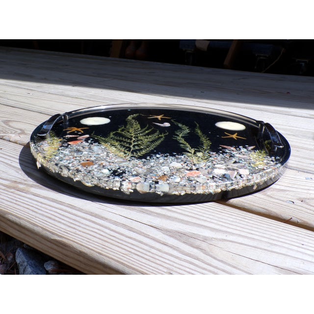 Mid-Century Modern Vintage Mid Century Large Black Lucite Shell Tidal Serving Tray Chrome Handles For Sale - Image 3 of 10