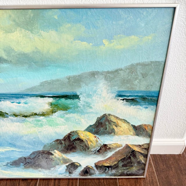 Paint Large Vintage Framed Seascape Painting California Ocean Coastal Art 2’x3’ Signed For Sale - Image 7 of 7