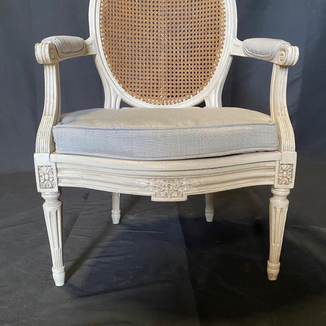 Louis XVI Painted & Caned Armchairs With New Upholstery -A Pair For Sale - Image 4 of 12