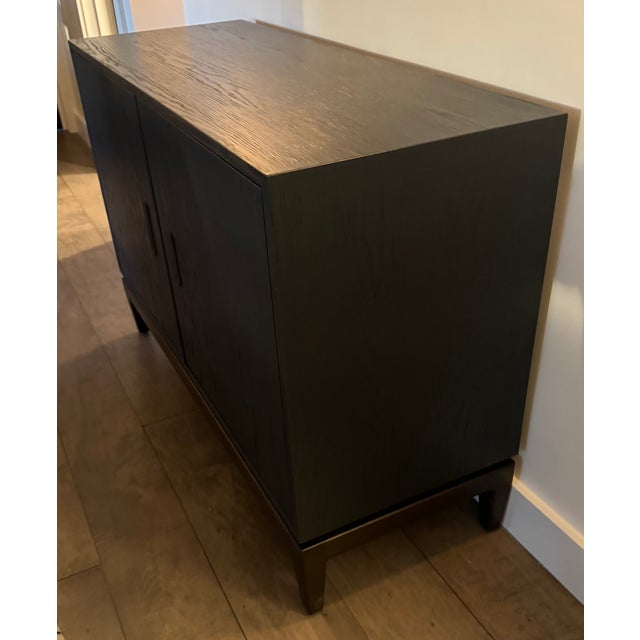 Lawson Fenning 2 Door Arcadia Cabinet in Navy Blue on Walnut Base. Gently Used by owner and ready for it's next home.