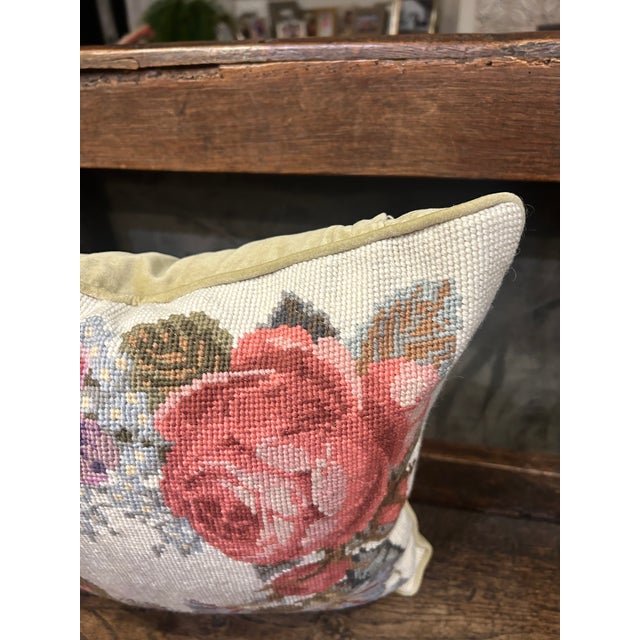 Pretty Vintage Wool Floral Needlepoint Pillow With Velvet Back For Sale In San Francisco - Image 6 of 10