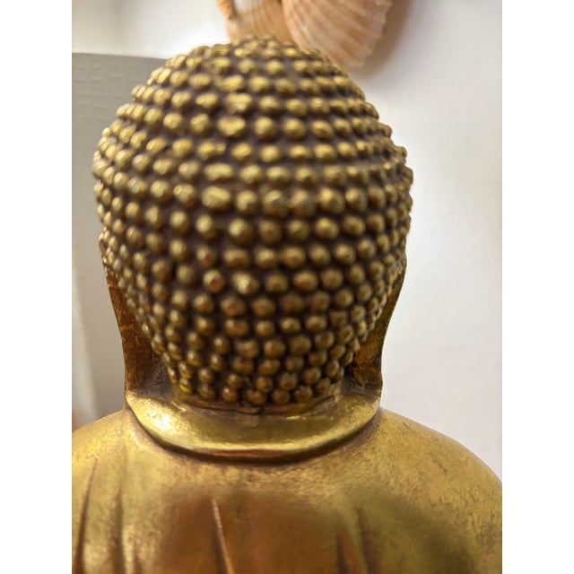 Ceramic Gold Tone Sitting Buda Statue on Wood Base For Sale - Image 4 of 11