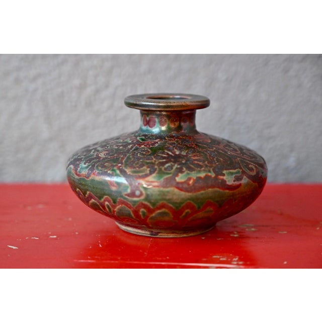 1950s Vintage Floral Glazed Stoneware Lentil Vase, 1950s For Sale - Image 5 of 5