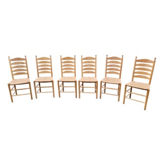 Vintage French Farmhouse Ladderback Dining Chairs in Oak with Rush Seats, 1950s, Set of 6 For Sale