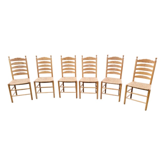 Vintage French Farmhouse Ladderback Dining Chairs in Oak with Rush Seats, 1950s, Set of 6 For Sale