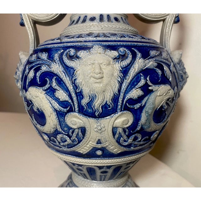 Ceramic Large Antique Handmade Figural Blue Westerwald R. Hanke German Pottery Vase Jug For Sale - Image 7 of 11