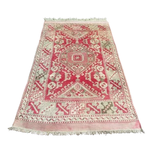 Cute Mid 20th Century Ruby Red Color Small Vintage Carpet