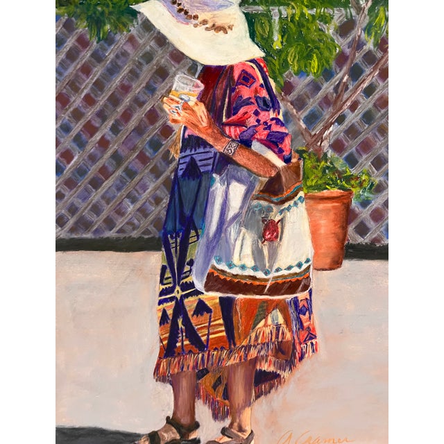 Original oil pastel portrait of a woman in a wide-brimmed white sun hat, face tilted down, holding a glass of wine as she...