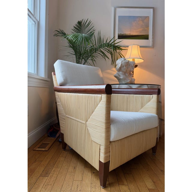 Rattan and Mahogany Lounge Chair by John Hutton for Donghia with Performance Cushions This Donghia lounge chair has...