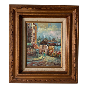 1980s Vintage Burnett Parisian Street Scene Oil Painting on Plywood, Framed