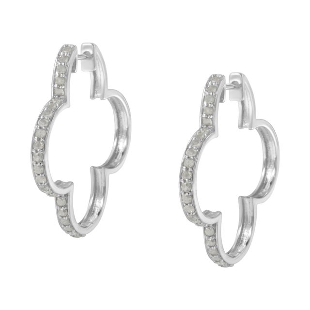 Contemporary .925 Sterling Silver 1.0 cttw Diamond 4 Leaf Clover Shape Hoop Earrings(I-J Color, I3 Clarity) For Sale - Image 3 of 5