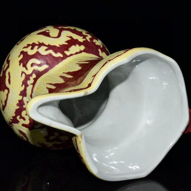 Chinese Mid 20th Century Chinese Red & Yellow Wucai Monk’s Cap Ewer, Chinese Dragon Pattern Porcelain Pitcher For Sale - Image 3 of 9