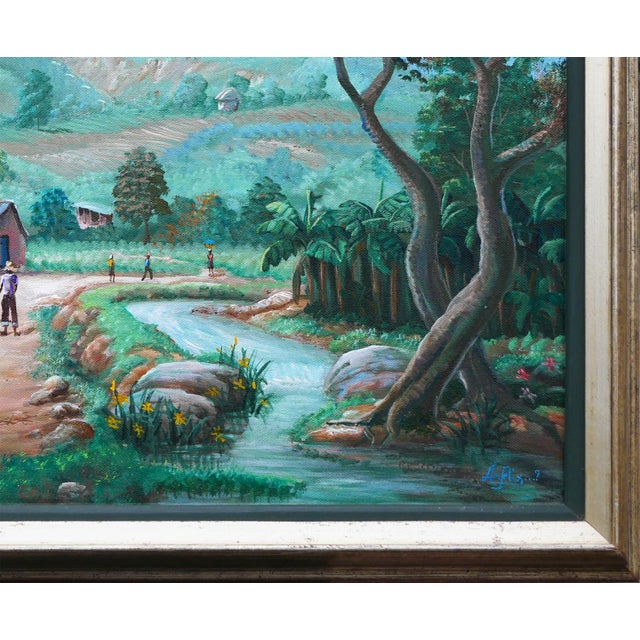 Jean-Felix Defournoy Modern Realist Green & Brown Toned Rural Village Landscape Painting w/ Figures, Late 20th Century For Sale - Image 9 of 12