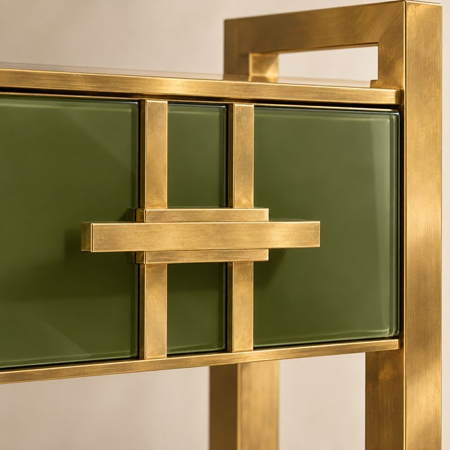 Wood Olive Green Murano Glass Console Table with Brass Accents from Justfurnituress SRL For Sale - Image 7 of 11