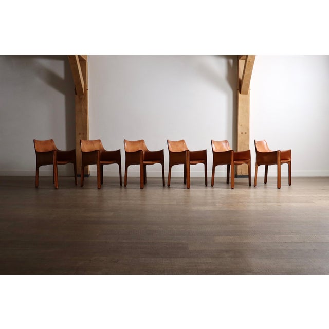 CAB Dining Armchairs with in Cognac Leather by Mario Bellini for Cassina, Italy, 1970s, Set of 6 For Sale - Image 10 of 16