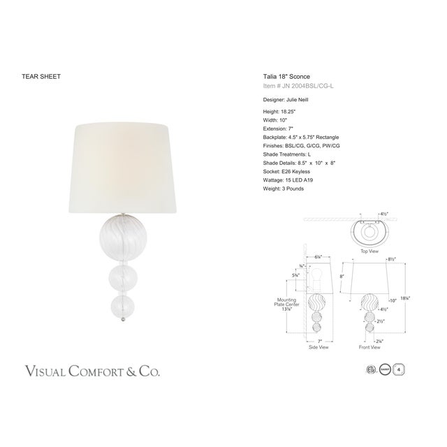 Visual Comfort Julie Neill for Visual Comfort Signature Talia 18" Sconce in Burnished Silver Leaf and Clear Swirled Glass with Linen Shade For Sale - Image 4 of 6