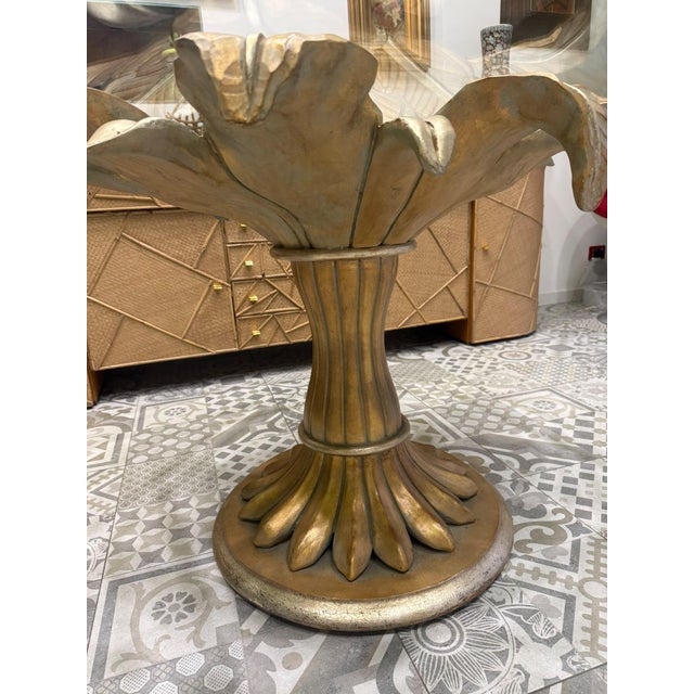 Glass Lotus Flower Dining Table in Wood Carved with Gold Leaf and Octagonal Top in Ground Glass, 1970s For Sale - Image 7 of 11
