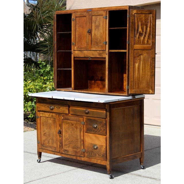 Antique Early 1900s Hoosier Cabinet Dutch Kitchenet Solid Wood Enamel Pull-Out Work Surface Coppes Brothers & Zook Original Hardware For Sale In Naples, FL - Image 6 of 15
